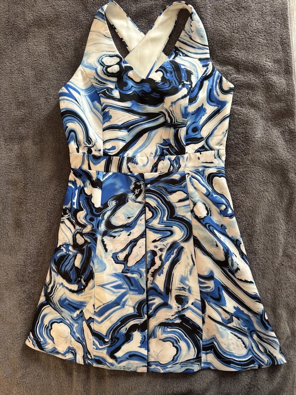 NWT Adelyn Rae Abstract Swirl Print Fit & Flare Mini Dress Blue Retro Resortwear